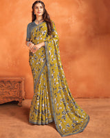 Vishal Prints Olive Yellow Printed Criva Crepe Saree With Fancy Border