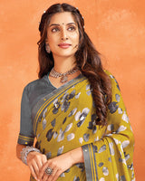 Vishal Prints Olive Yellow Printed Criva Crepe Saree With Fancy Border