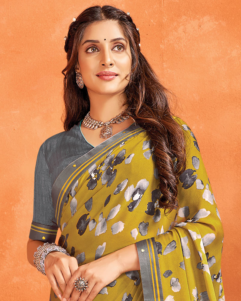 Vishal Prints Olive Yellow Printed Criva Crepe Saree With Fancy Border