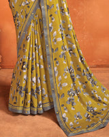Vishal Prints Olive Yellow Printed Criva Crepe Saree With Fancy Border