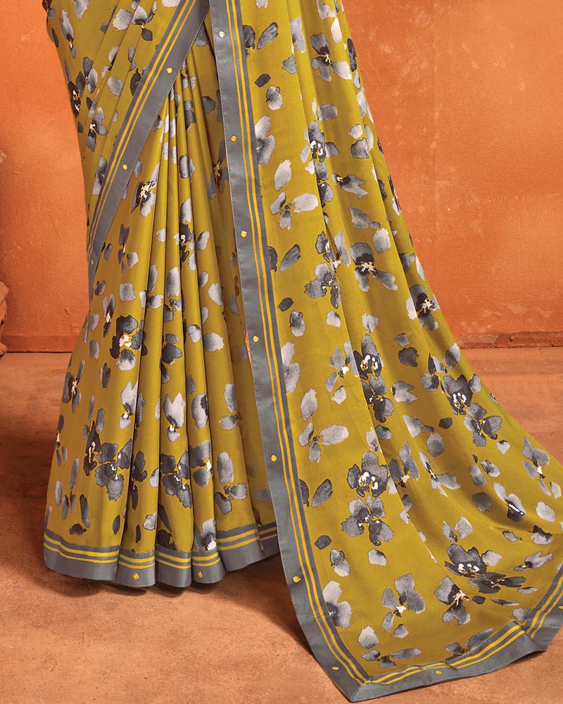 Vishal Prints Olive Yellow Printed Criva Crepe Saree With Fancy Border