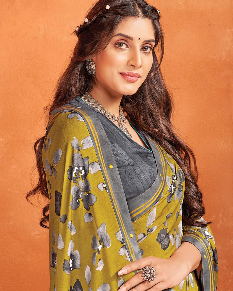 Vishal Prints Olive Yellow Printed Criva Crepe Saree With Fancy Border