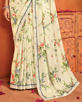 Vishal Prints Spanish White Printed Criva Crepe Saree With Fancy Border