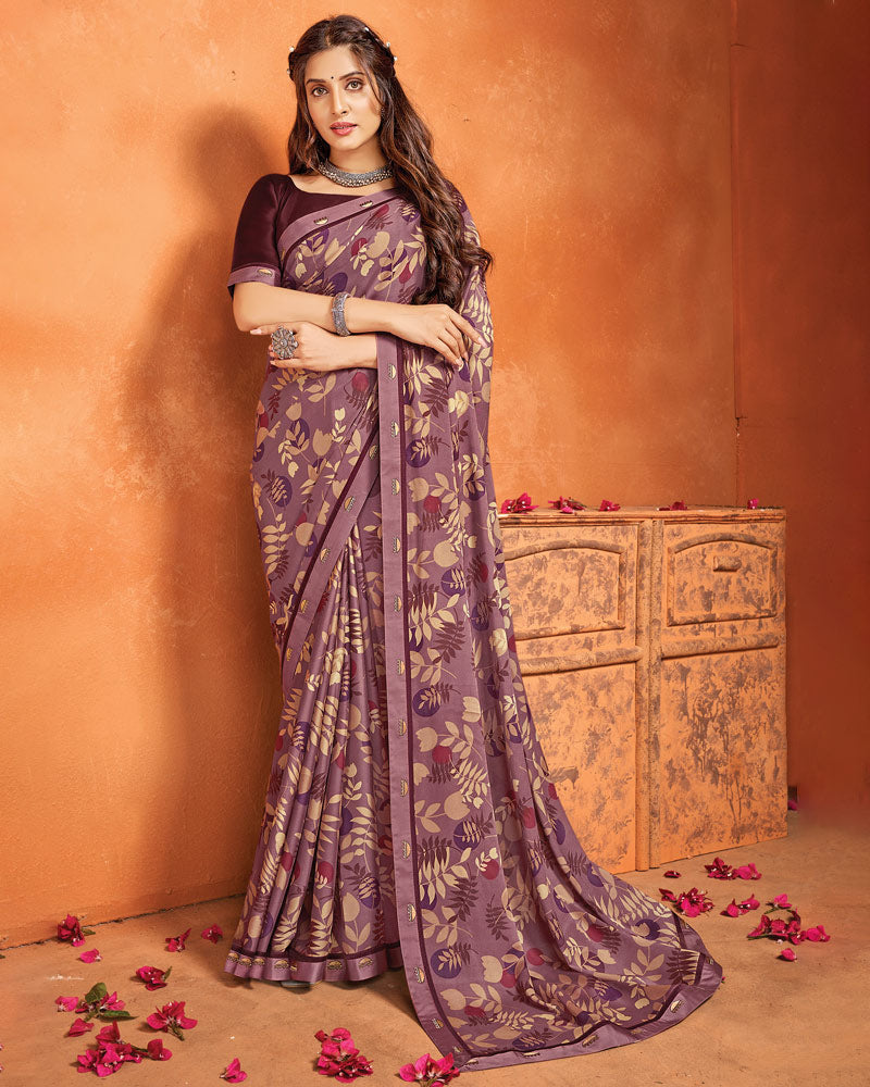 Vishal Prints Mauve Printed Criva Crepe Saree With Fancy Border
