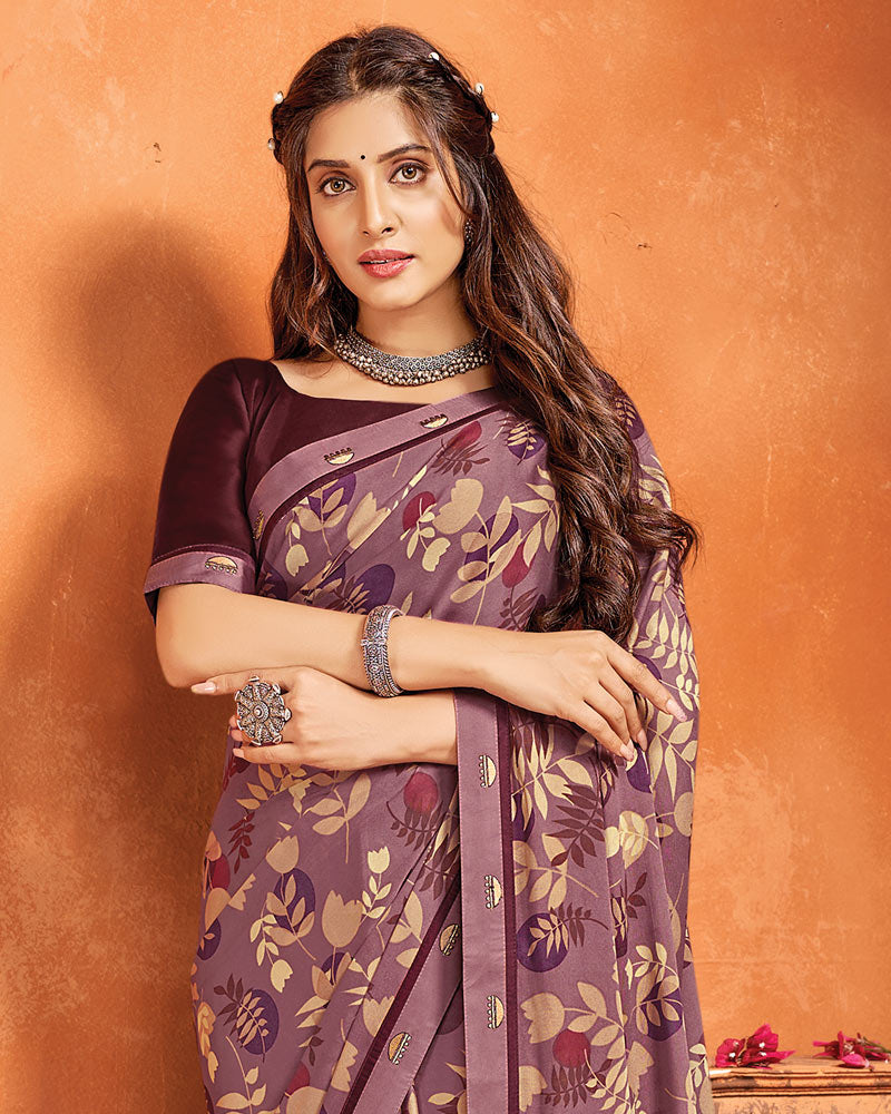 Vishal Prints Mauve Printed Criva Crepe Saree With Fancy Border