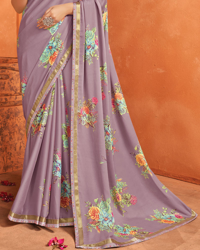Vishal Prints Mauve Printed Criva Crepe Saree With Fancy Border