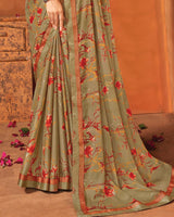 Vishal Prints Shadow Green Printed Criva Crepe Saree With Fancy Border