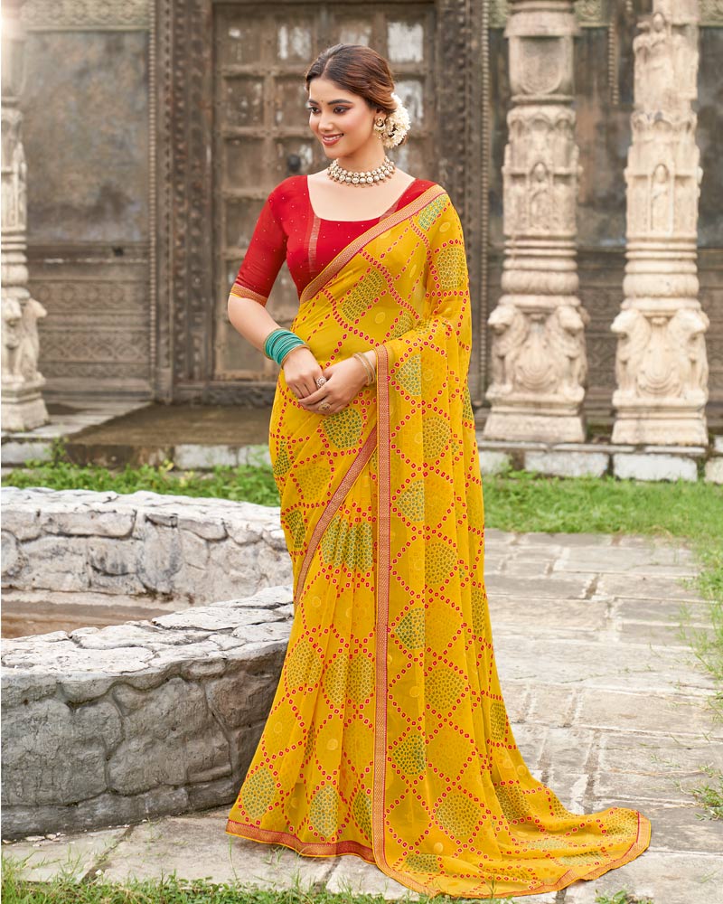 Vishal Prints Burnt Yellow Printed Chiffon-Brasso Saree With Zari Border