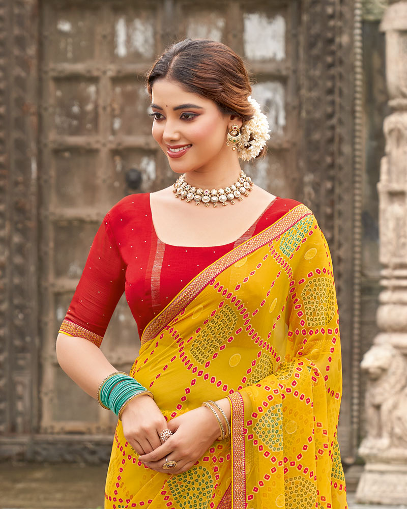 Vishal Prints Burnt Yellow Printed Chiffon-Brasso Saree With Zari Border