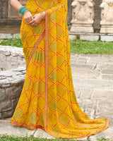 Vishal Prints Burnt Yellow Printed Chiffon-Brasso Saree With Zari Border