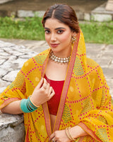 Vishal Prints Burnt Yellow Printed Chiffon-Brasso Saree With Zari Border