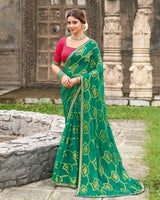 Vishal Prints Tropical Green Printed Chiffon-Brasso Saree With Zari Border