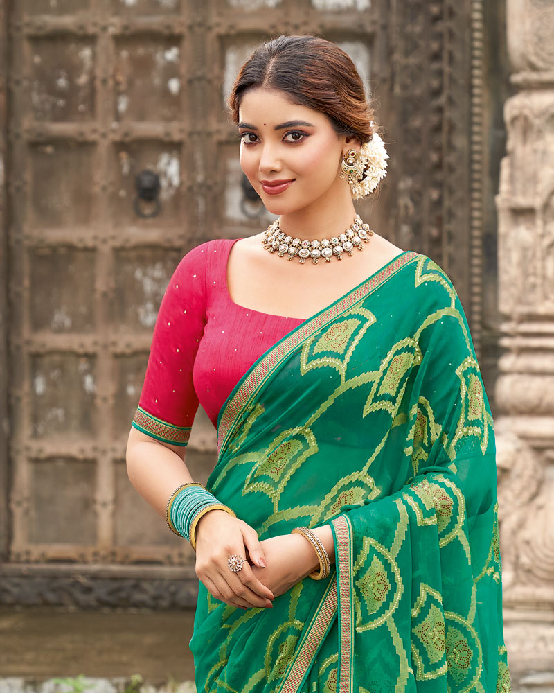 Vishal Prints Tropical Green Printed Chiffon-Brasso Saree With Zari Border