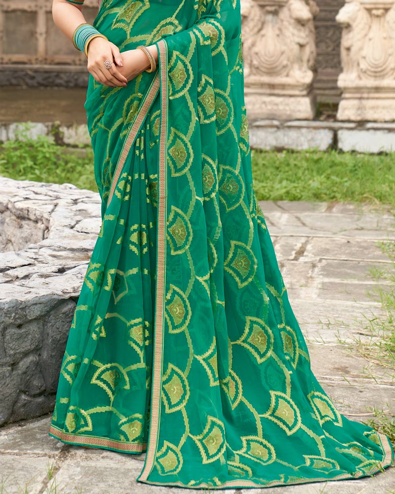 Vishal Prints Tropical Green Printed Chiffon-Brasso Saree With Zari Border