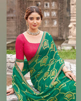 Vishal Prints Tropical Green Printed Chiffon-Brasso Saree With Zari Border