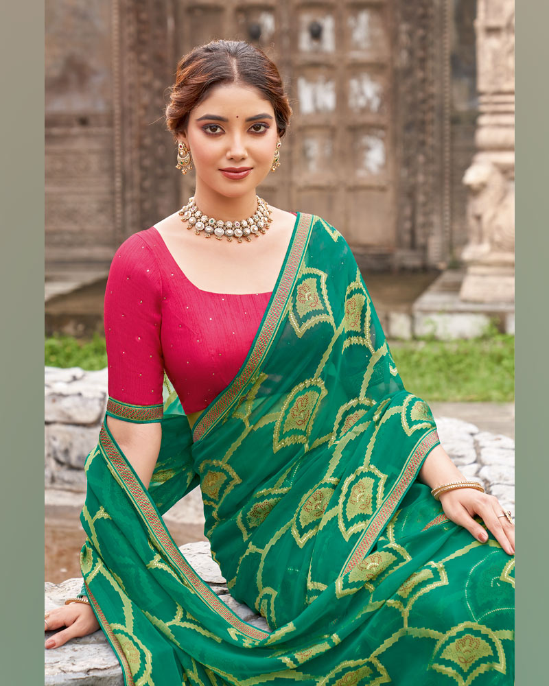 Vishal Prints Tropical Green Printed Chiffon-Brasso Saree With Zari Border