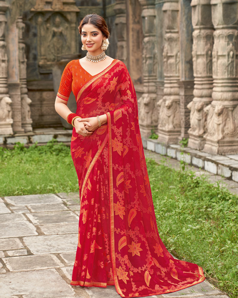 Vishal Prints Shiraz Red Printed Chiffon-Brasso Saree With Zari Border