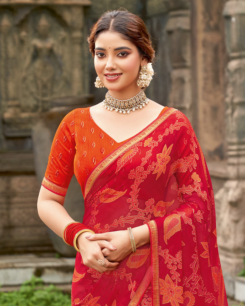 Vishal Prints Shiraz Red Printed Chiffon-Brasso Saree With Zari Border