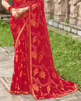 Vishal Prints Shiraz Red Printed Chiffon-Brasso Saree With Zari Border
