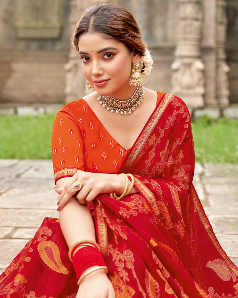 Vishal Prints Shiraz Red Printed Chiffon-Brasso Saree With Zari Border