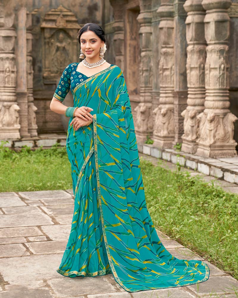 Vishal Prints Teal Green Printed Chiffon-Brasso Saree With Zari Border