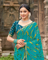 Vishal Prints Teal Green Printed Chiffon-Brasso Saree With Zari Border