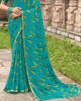 Vishal Prints Teal Green Printed Chiffon-Brasso Saree With Zari Border