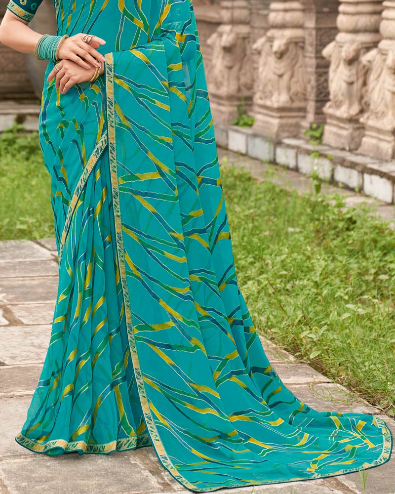 Vishal Prints Teal Green Printed Chiffon-Brasso Saree With Zari Border