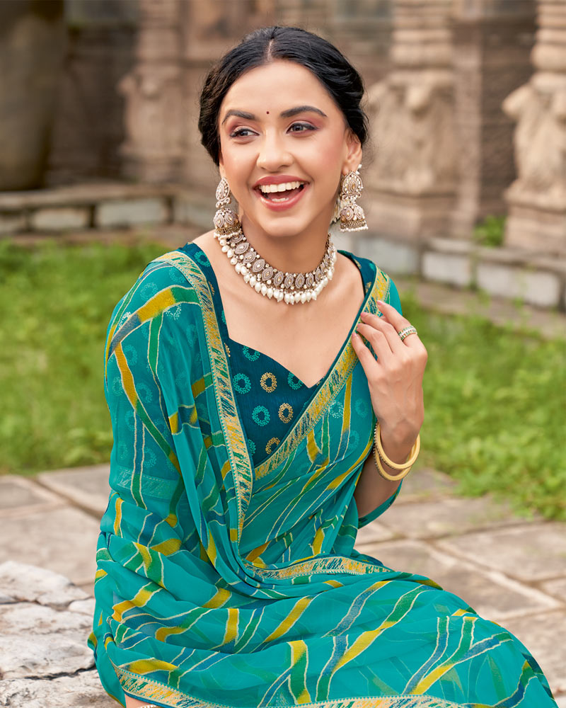 Vishal Prints Teal Green Printed Chiffon-Brasso Saree With Zari Border