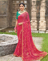 Vishal Prints Bright Maroon Printed Chiffon-Brasso Saree With Zari Border