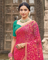 Vishal Prints Bright Maroon Printed Chiffon-Brasso Saree With Zari Border