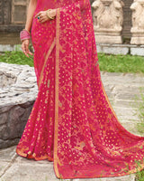 Vishal Prints Bright Maroon Printed Chiffon-Brasso Saree With Zari Border