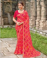 Vishal Prints Pinkish Red Printed Chiffon-Brasso Saree With Zari Border