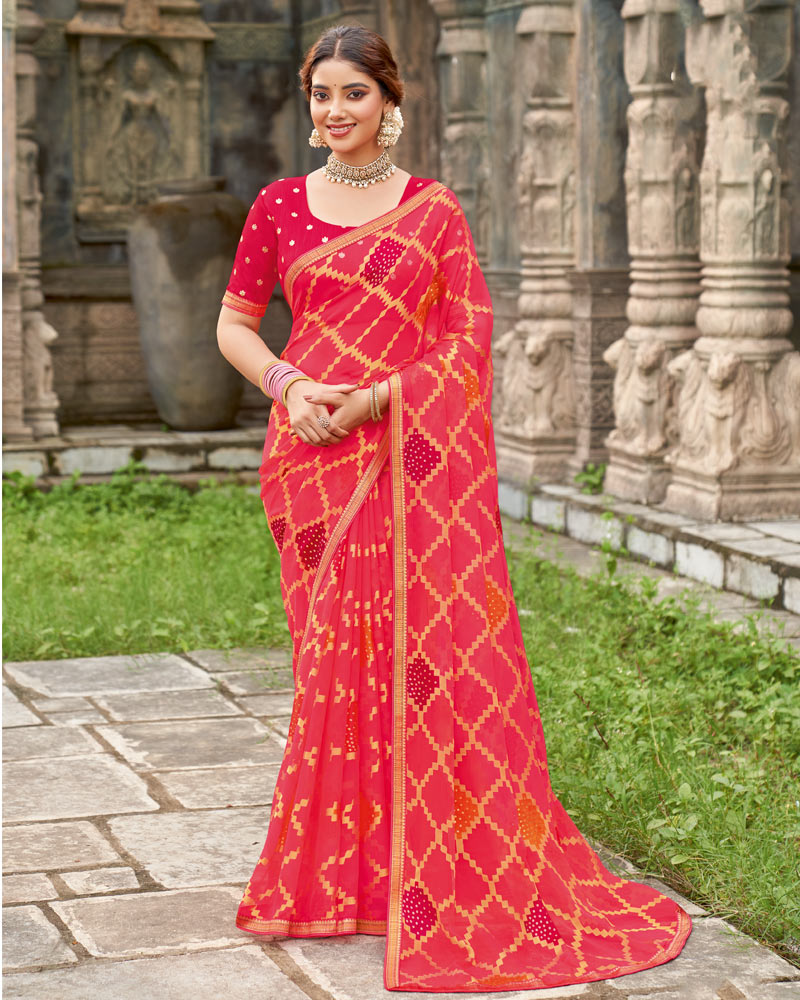 Vishal Prints Pinkish Red Printed Chiffon-Brasso Saree With Zari Border