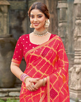 Vishal Prints Pinkish Red Printed Chiffon-Brasso Saree With Zari Border