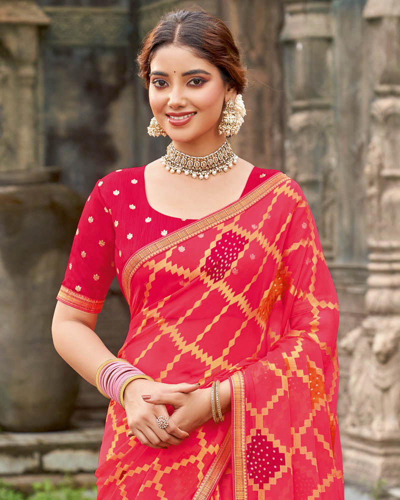 Vishal Prints Pinkish Red Printed Chiffon-Brasso Saree With Zari Border