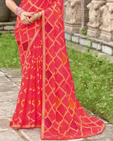 Vishal Prints Pinkish Red Printed Chiffon-Brasso Saree With Zari Border