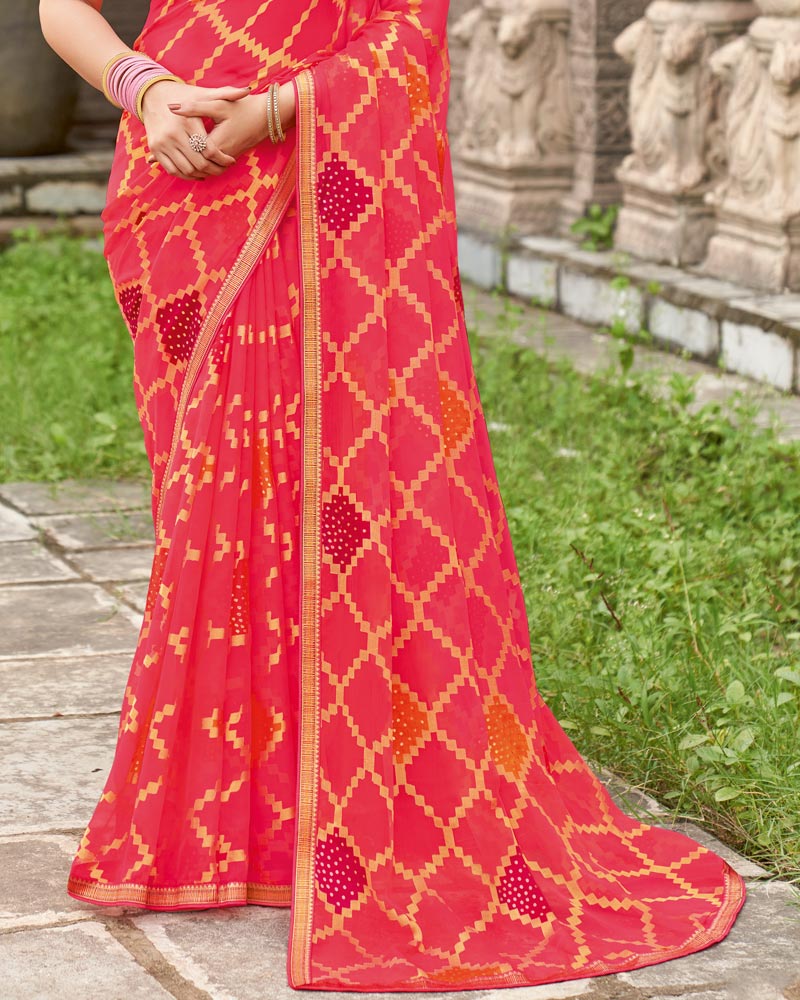 Vishal Prints Pinkish Red Printed Chiffon-Brasso Saree With Zari Border