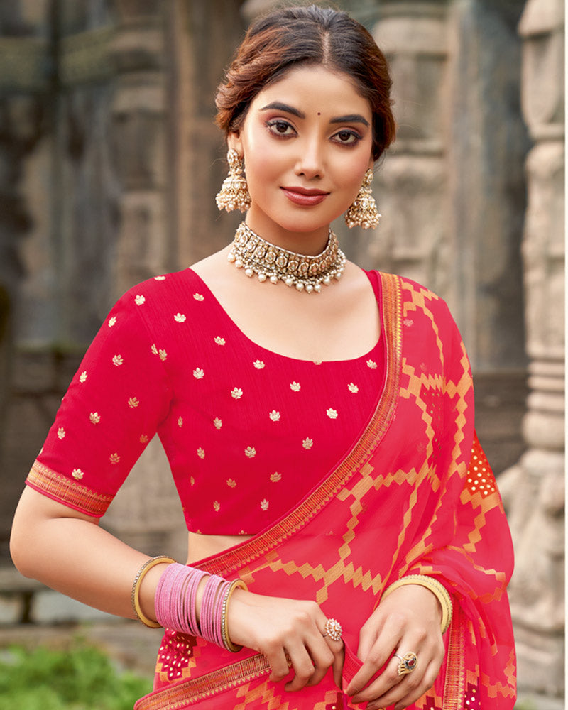 Vishal Prints Pinkish Red Printed Chiffon-Brasso Saree With Zari Border