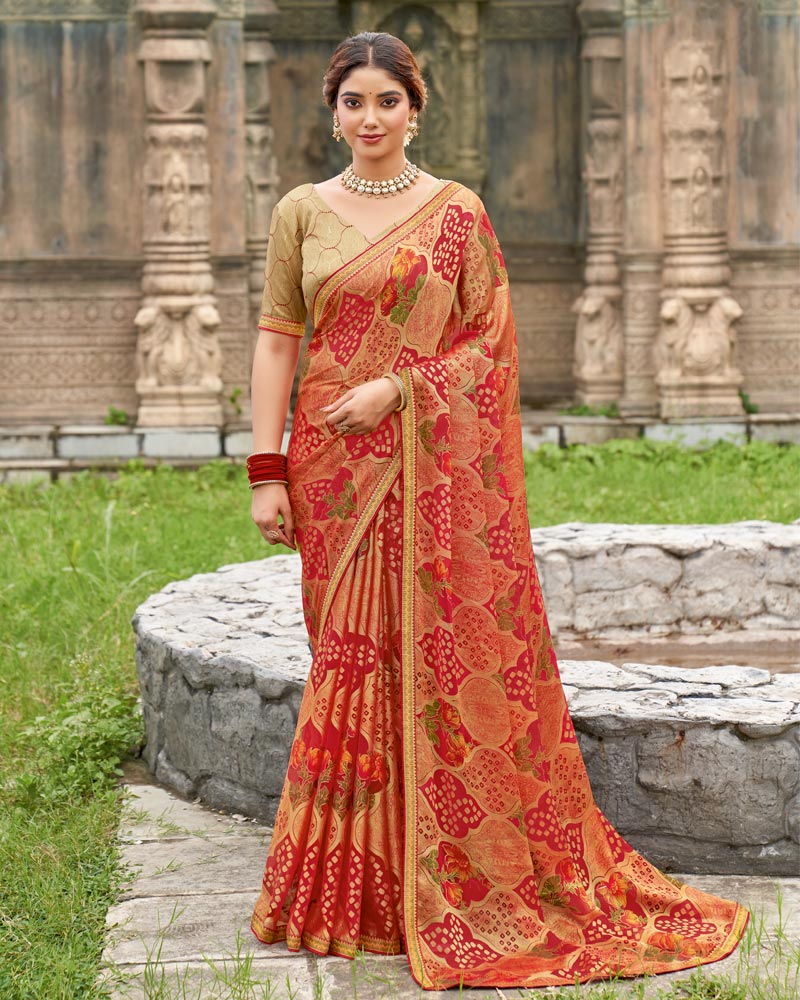 Vishal Prints Shiraz Red And Salmon Orange Printed Chiffon-Brasso Saree With Zari Border