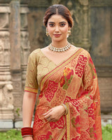 Vishal Prints Shiraz Red And Salmon Orange Printed Chiffon-Brasso Saree With Zari Border