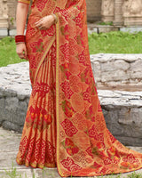 Vishal Prints Shiraz Red And Salmon Orange Printed Chiffon-Brasso Saree With Zari Border