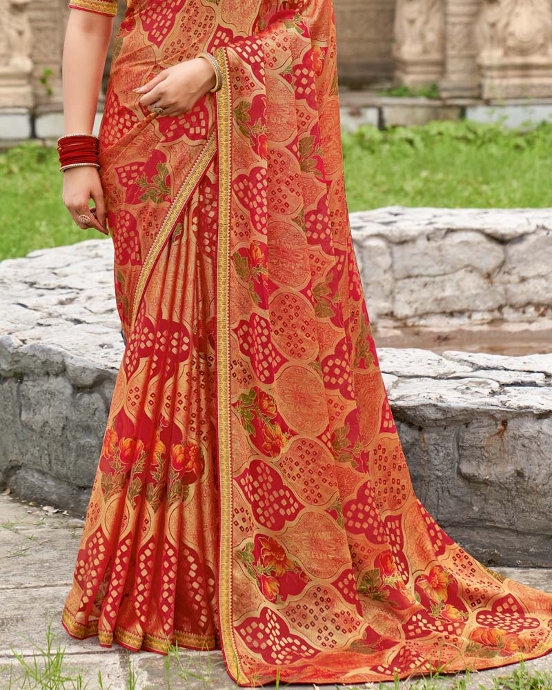 Vishal Prints Shiraz Red And Salmon Orange Printed Chiffon-Brasso Saree With Zari Border
