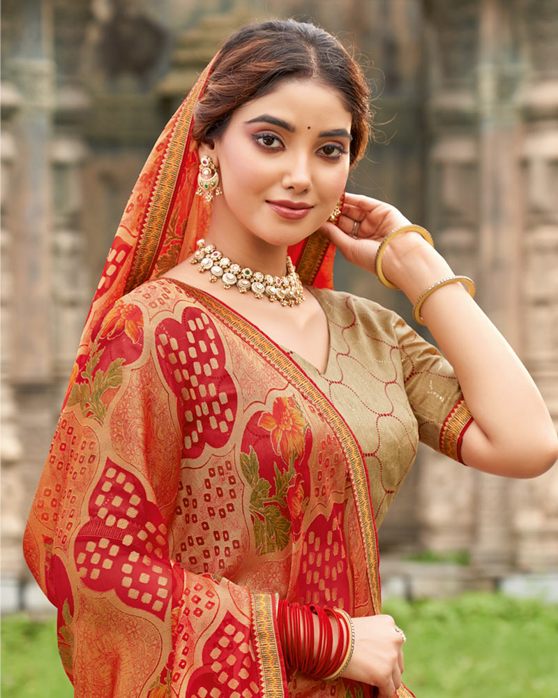 Vishal Prints Shiraz Red And Salmon Orange Printed Chiffon-Brasso Saree With Zari Border