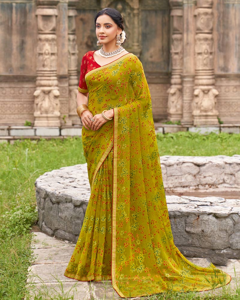 Vishal Prints Olive Yellow Printed Chiffon-Brasso Saree With Zari Border