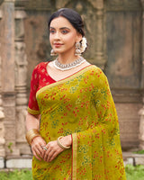 Vishal Prints Olive Yellow Printed Chiffon-Brasso Saree With Zari Border