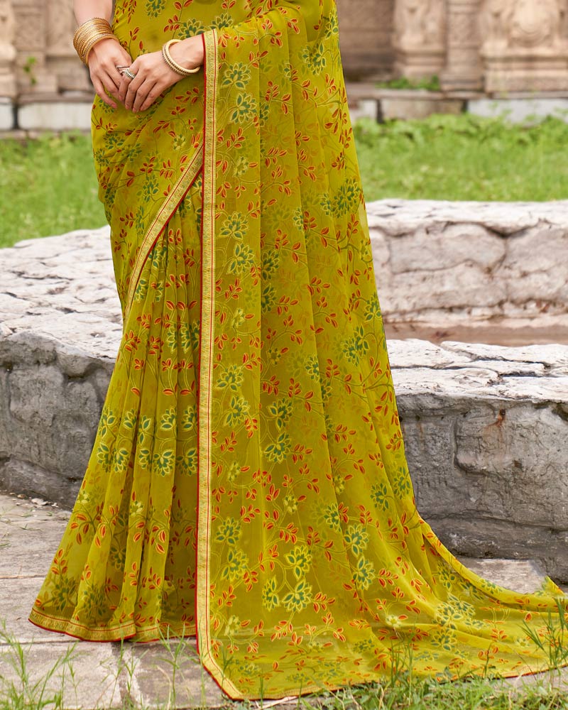 Vishal Prints Olive Yellow Printed Chiffon-Brasso Saree With Zari Border