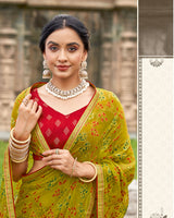 Vishal Prints Olive Yellow Printed Chiffon-Brasso Saree With Zari Border
