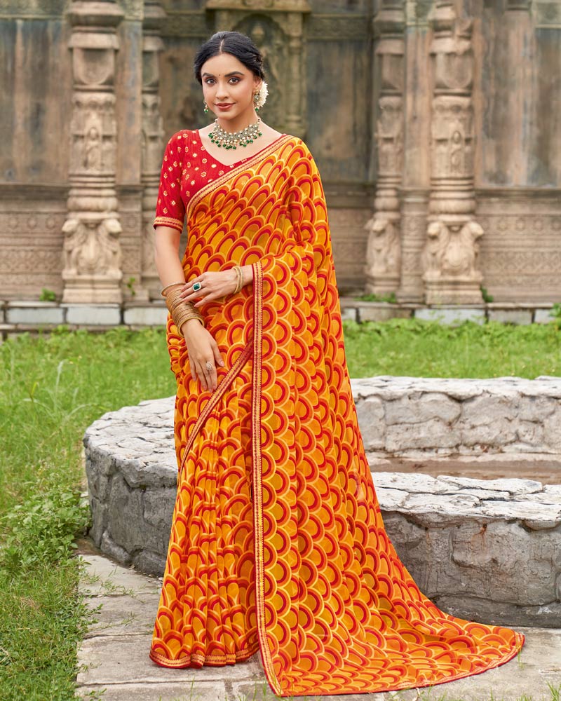 Vishal Prints Carrot Orange And Persian Red Printed Chiffon-Brasso Saree With Zari Border