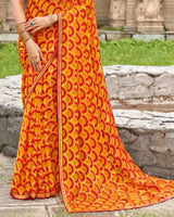Vishal Prints Carrot Orange And Persian Red Printed Chiffon-Brasso Saree With Zari Border